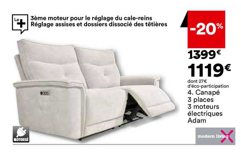 canapé 3 places 3 moteurs électriques adam modern living