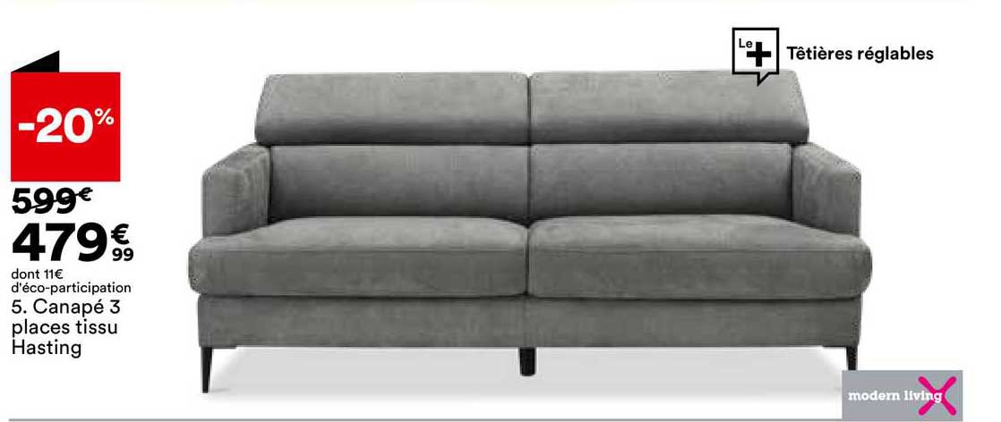 Canapé 3 Places Tissu Hasting Modern Living