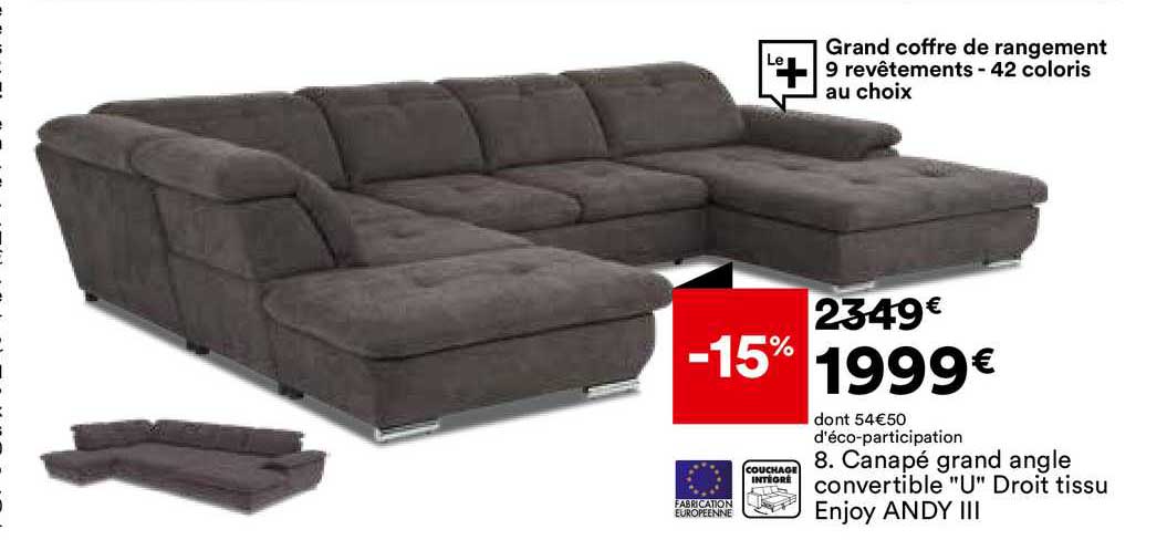 canapé grand angle convertible U droit tissu enjoy andy III