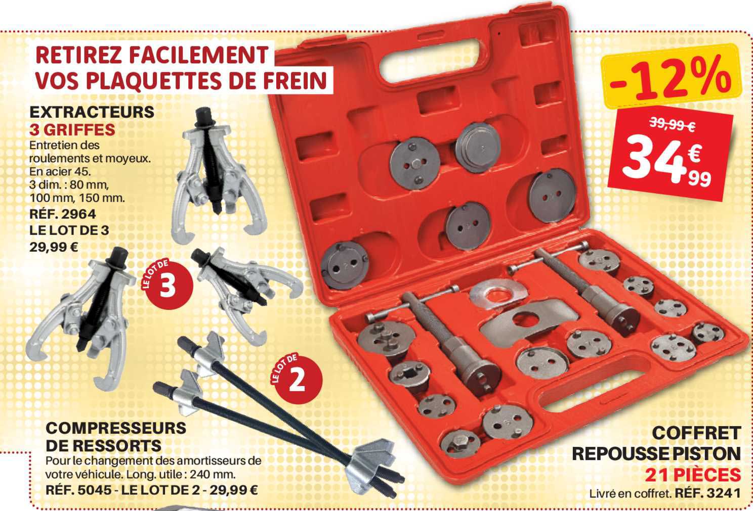extracteurs 3 griffes, compresseurs de ressorts, coffret repousse piston