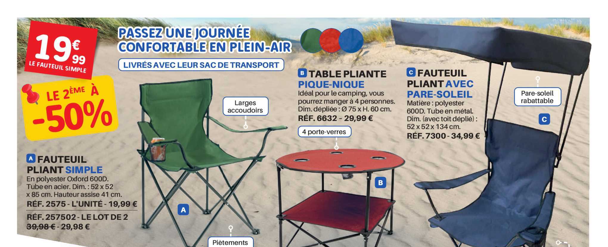 fauteuil pliant simple, table pliante pique-nique, fauteuil pliant avec pare-soleil