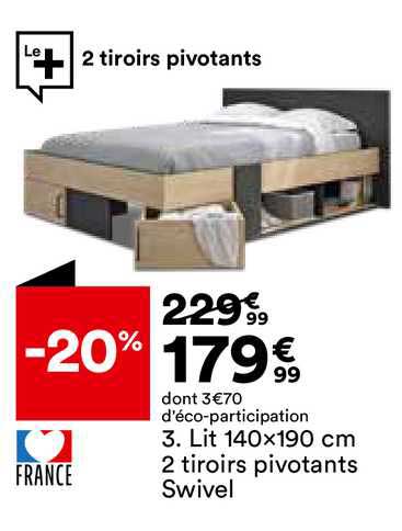 lit 140x190 cm 2 tiroirs pivotants swivel