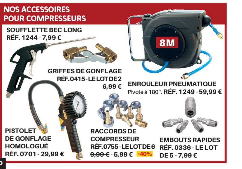soufflette bec long, griffes de  gonflage, pistolet de gonflage homologué, raccords de compresseur, embouts rapide, enrouleur pneumatique