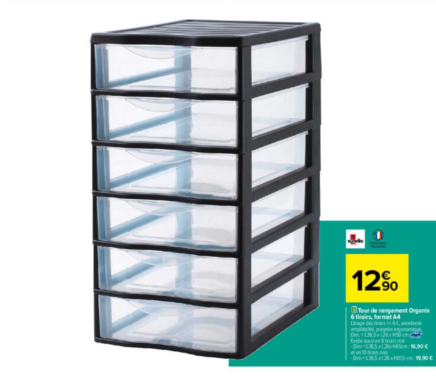tour de rangement organix 6 tiroirs, format a4