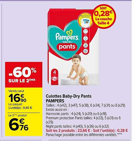 culottes baby-dry pants pampers -60% sur le 2ème