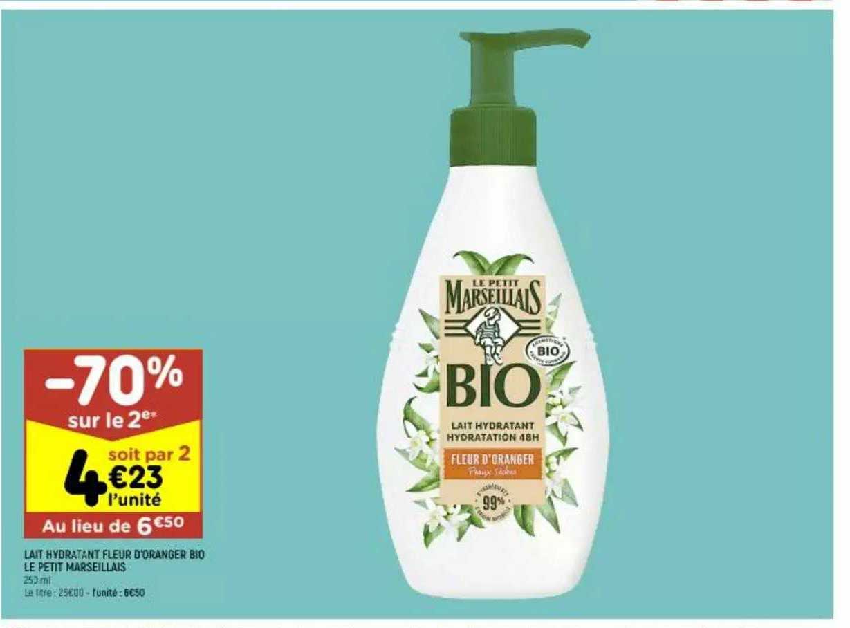 lait hydratant fleur d'oranger bio le petit marseillais -70% sur le 2ème