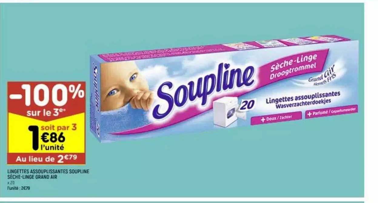 lingettes assouplissants soupline sèche-linge grand air -100% sur le 3e