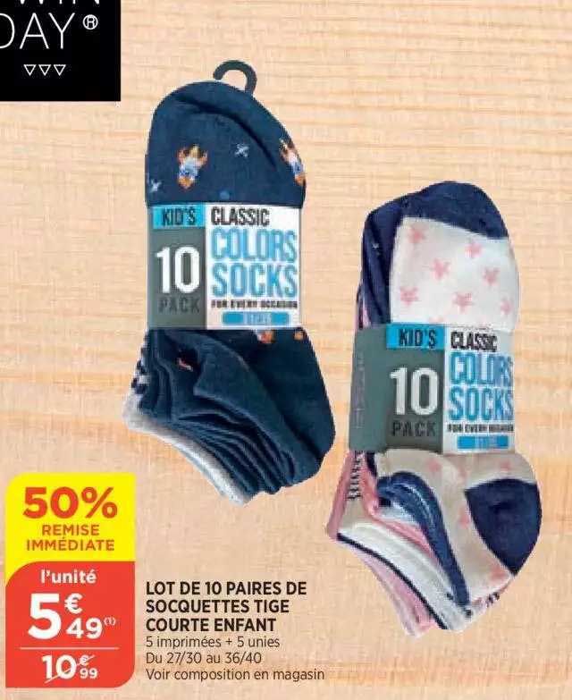 Lot De 10 Paires De Socquettes Tige Courte Enfant 50% Remise Immédiate