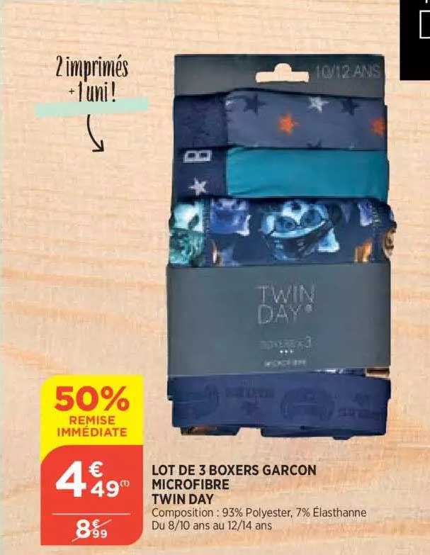 lot de 3 boxers garçon microfibre twin day 50% remise immédiate