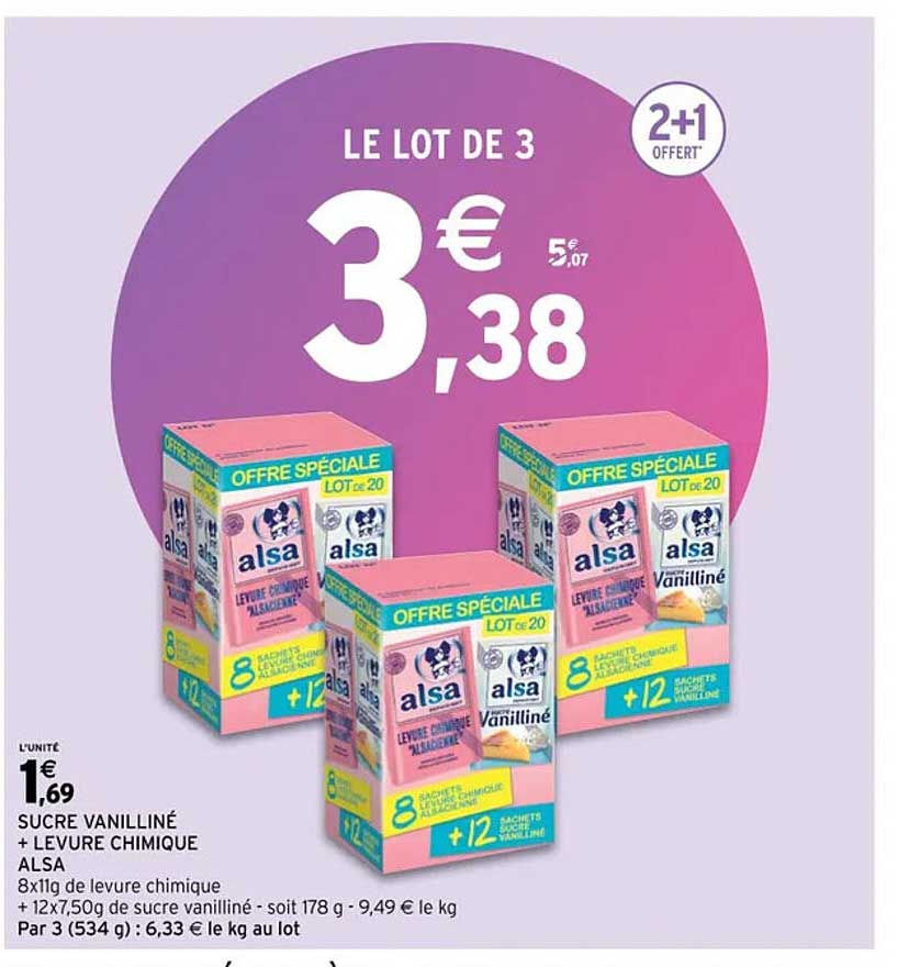 sucre vanilliné + levure chimique alsa 2+1 offert