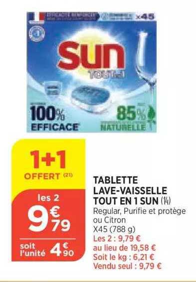 tablette lave-vaisselle tout en 1 sun 1+1 offert