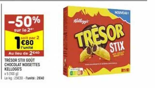 trésor stix goût chocolat noisettes kellogg's -50% sur le 2ème