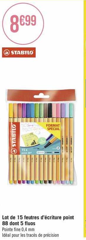lot de 15 feutres d'écriture point 88 dont 5 fluos stabilo