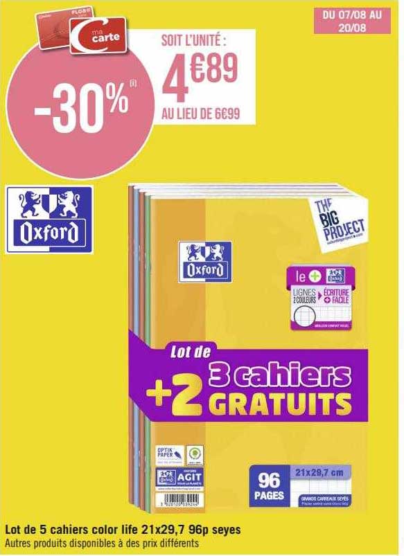 lot de 5 cahiers color life 21 x 29,7 96p seyes oxford