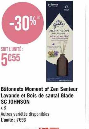 bâtonnets moment of zen senteur lavande et bon de santal glade sc johnson