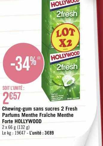 chewing-gum sans sucres 2 fresh parfums menthe fraîche menthe forte hollywood
