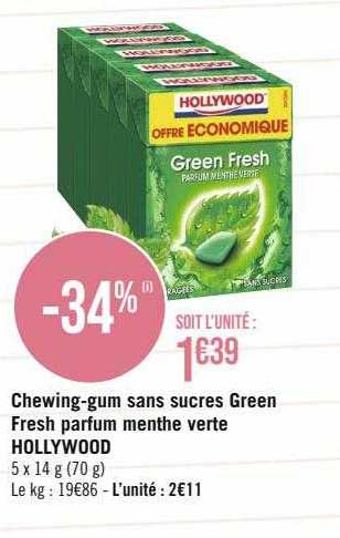 chewing-gum sans sucres green fresh parfum menthe verte hollywood