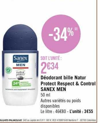 déodorant bille natur protect respect & control sanex men