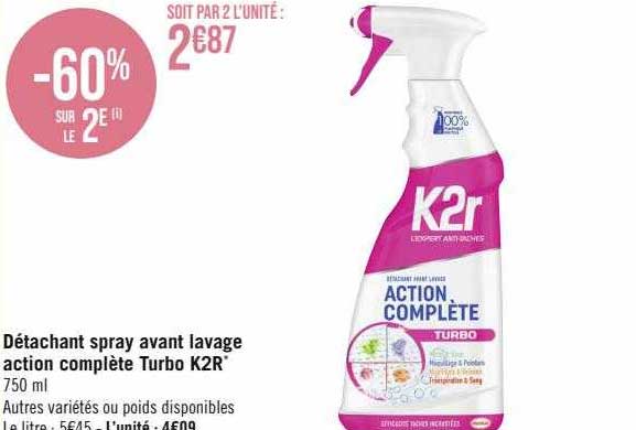 détachant spray avant lavage action complète turbo k2r