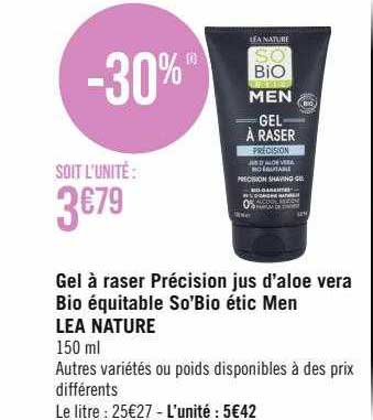 gel à raser précision jus d'aloe vera bio équitable so'bio étic men léa nature
