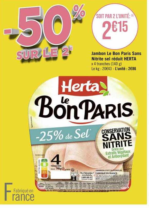 jambon le bon paris sans nitrite sel réduit herta