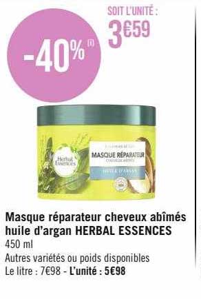 masque réparateur cheveux abîmés huile d'argan herbal essences
