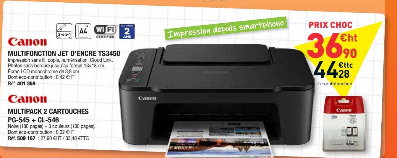 multifonction jet d'encre ts3450 canon, multipack 2 cartouches pg-545 + cl-546 canon