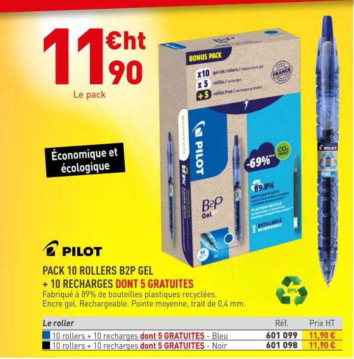 pack 10 rollers b2p gel + 10 recharges dont 5 gratuites pilot
