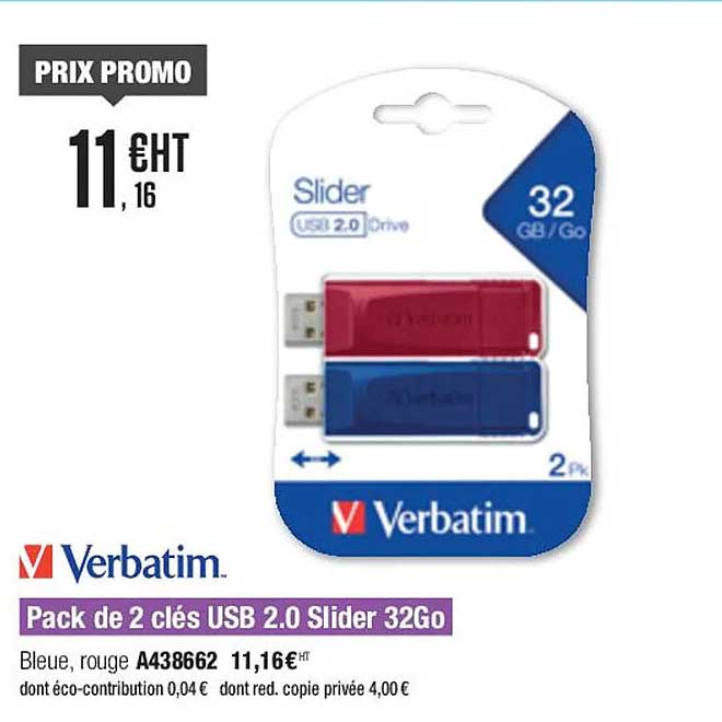 pack de 2 clés usb 2.0 slider 32go verbatim