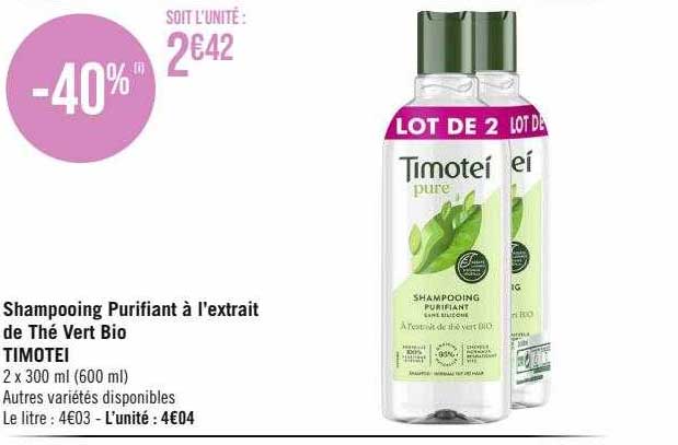 shampooing purifiant à l'extrait de thé vert bio timotei