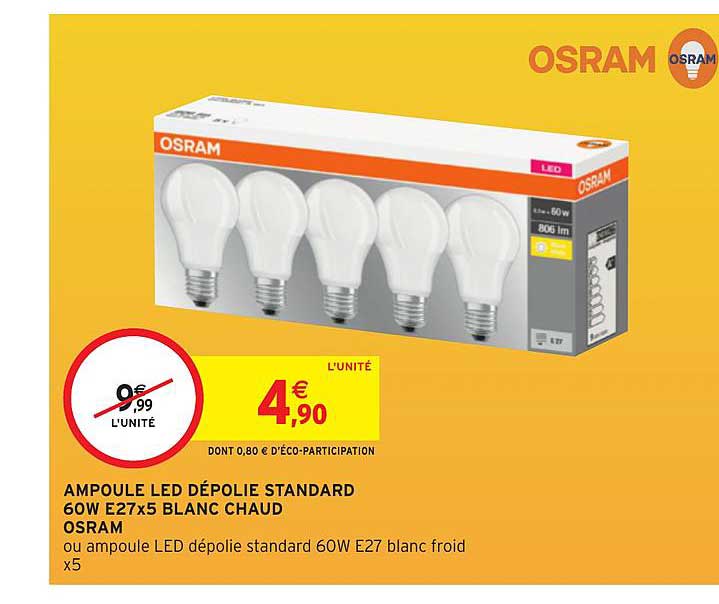 ampoule led dépolie standard 60w e27x5 blanc chaud osram
