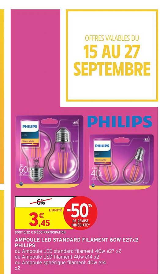 ampoule led standard filament 60w e27x2 philips -50% de remise immédiate