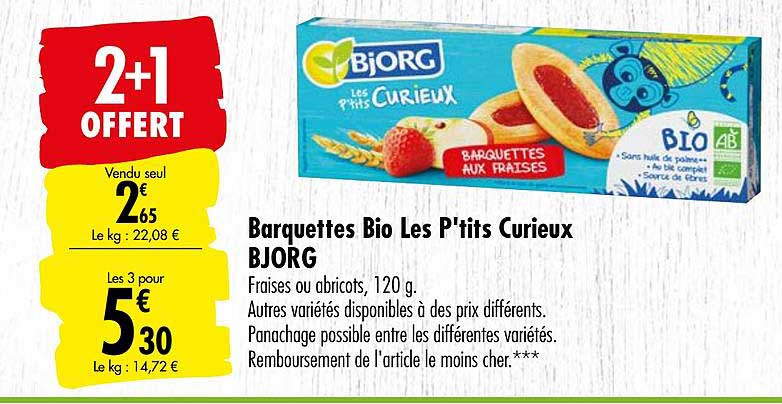 barquettes bio les p'tits curieux bjorg 2+1 offert