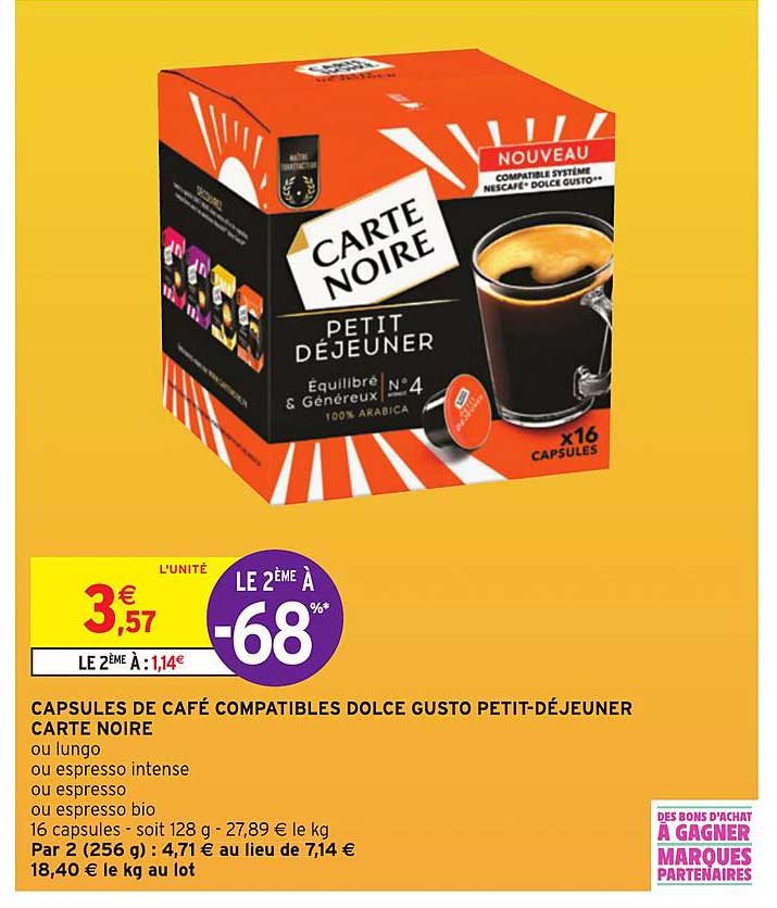capsules de café compatibles dolce gusto petit déjeuner carte noire  le 2ème à -68%