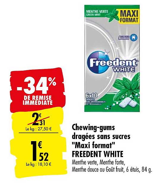 chewing gums dragées sans sucres maxi format freedent white -34% de remise immédiate