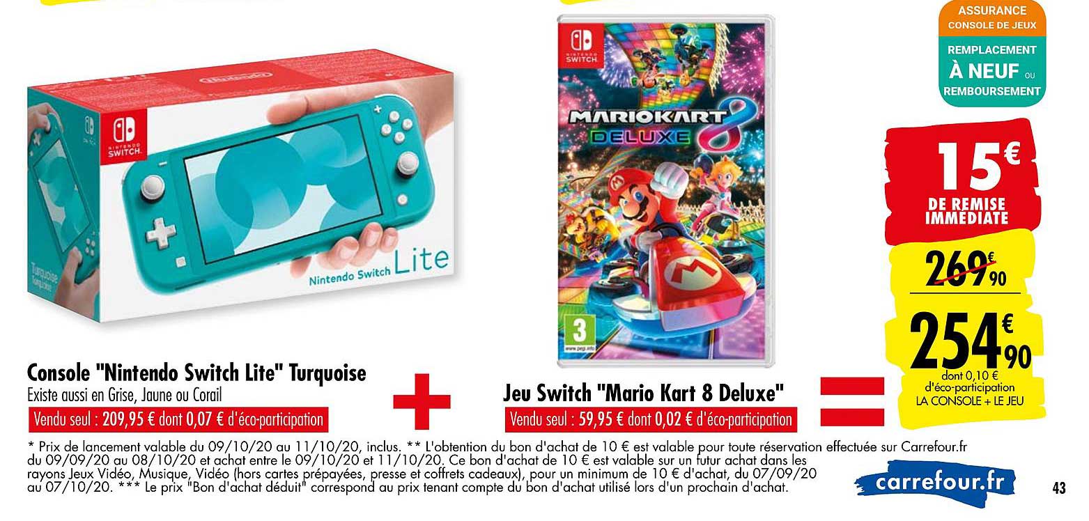 console nintendo switch lite turquoise + jeux switch mario kart 8 deluxe