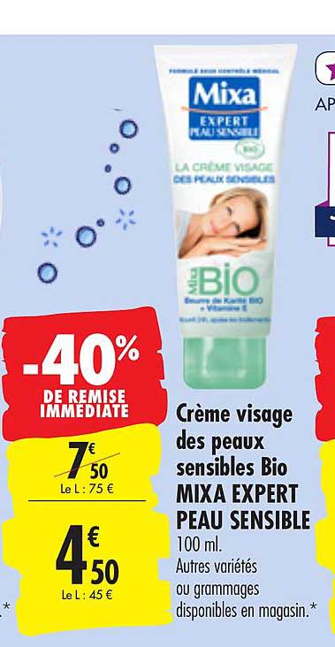 crème visage des peaux sensibles bio mixa expert peau sensible -40% de remise immédiate