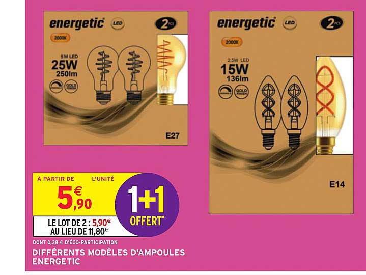 différents modèles d'ampoules energetic 1+1 offert