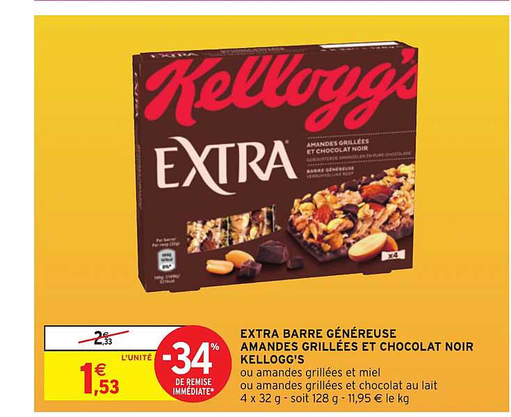 extra barre généreuse amandes grillés et chocolat noir kellogg's -34 % de remise immédiate