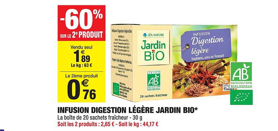infusion digestion légère jardin bio -60% sur le 2e produit