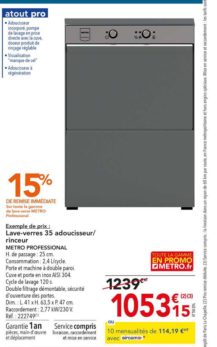 lave verres 35 adoucisseur rinceur metro professional 15% de remise immédiate