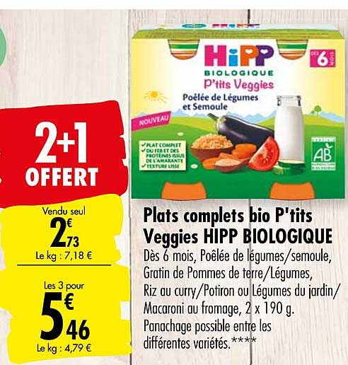 plats complets bio p'tits veggie hipp biologique 2+1 offert