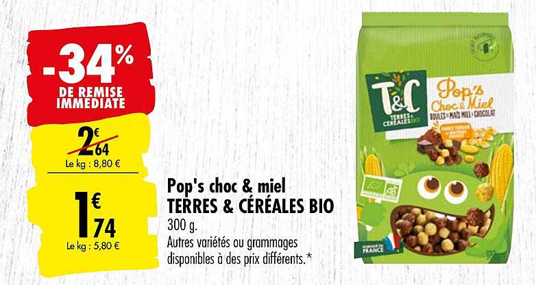 pop's choc & miel terres & céréales bio -34% de remise immédiate