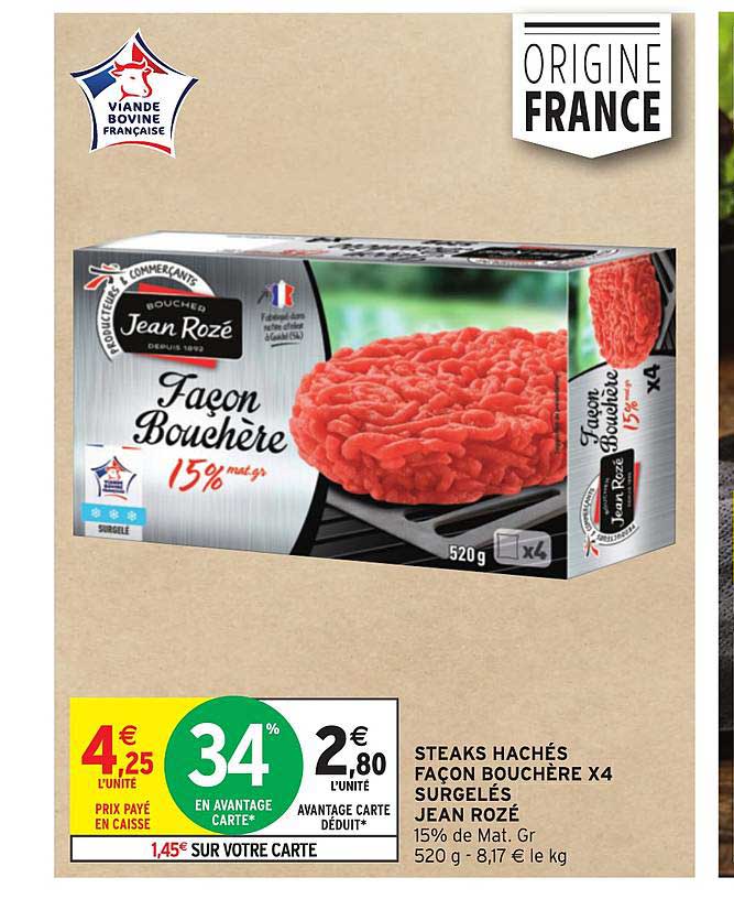 steaks hachés façon bouchère x4 surgelés jean rozé