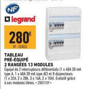 tableau pré équipé 2 rangées 13 modules legrand nf
