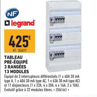 tableau pré équipé 3 rangées 13 modules legrand nf