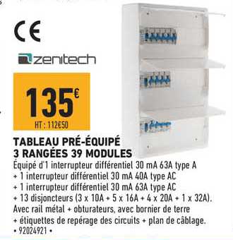 tableau pré équipé 3 rangées 39 modules zenitech