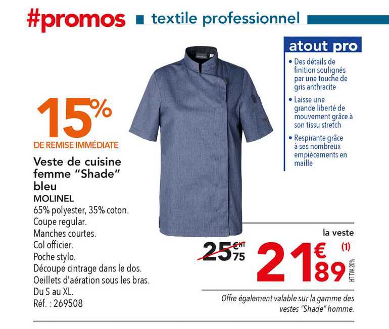 veste de cuisine femme shade bleu molinel 15% de remise immédiate