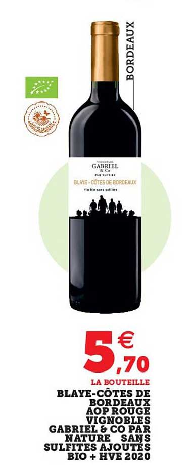 blaye-côtes de bordeaux aop rouge vignobles gabriel & co par nature sans sulfites ajoutés bio + hve 2020