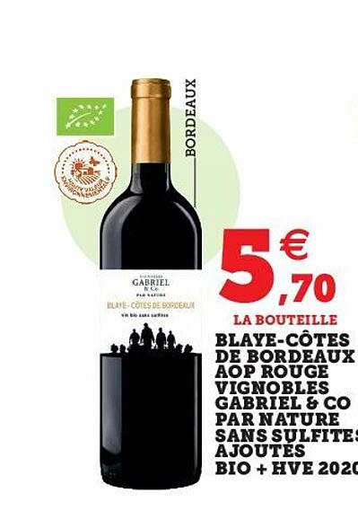 blaye-côtes de bordeaux oap rouge vignobles gabriel & co par nature sans sulfites ajoutés bio + hve 2020
